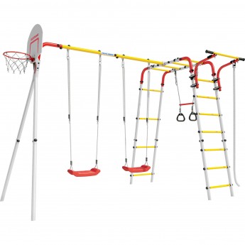 Детский спортивный комплекс для дачи ROMANA АКРОБАТ - 2 красный/желтый/белый с пластиковыми качелями