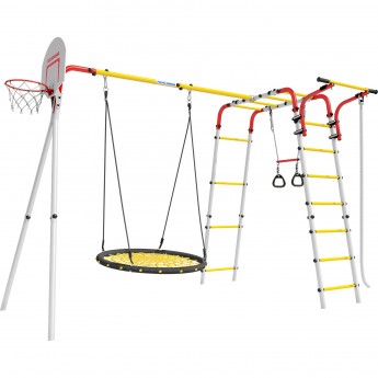 Детский спортивный комплекс для дачи ROMANA АКРОБАТ - 2 красный/желтый/белый с сеткой-гнездом