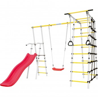 Детский спортивный комплекс для дачи ROMANA БОГАТЫРЬ (белый желтый) (с пластиковыми качелями)