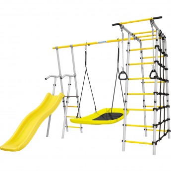 Детский спортивный комплекс для дачи ROMANA БОГАТЫРЬ желтый/серый с качелями-гнездо «Лодка»