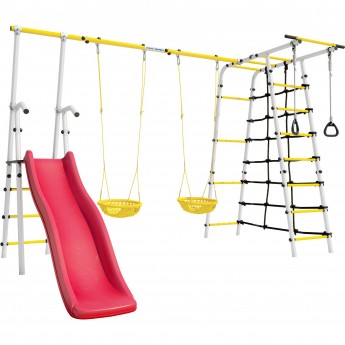 Детский спортивный комплекс для дачи ROMANA БОГАТЫРЬ ПЛЮС - 2 белый желтый с детскими качелями