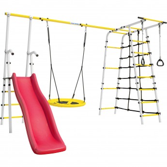 Детский спортивный комплекс для дачи ROMANA БОГАТЫРЬ ПЛЮС - 2 белый желтый с качелями гнездо