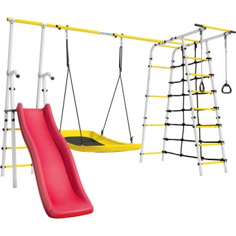 Детский спортивный комплекс для дачи ROMANA БОГАТЫРЬ ПЛЮС - 2 белый желтый с качелями-гнездо «Лодка»