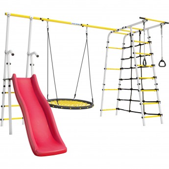 Детский спортивный комплекс для дачи ROMANA БОГАТЫРЬ ПЛЮС - 2 белый желтый с сеткой-гнездом