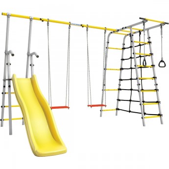 Детский спортивный комплекс для дачи ROMANA БОГАТЫРЬ ПЛЮС - 2 желтый/серый с фанерными качелями