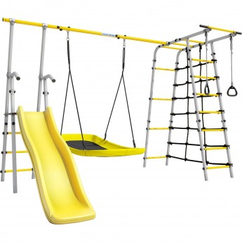Детский спортивный комплекс для дачи ROMANA БОГАТЫРЬ ПЛЮС - 2 желтый/серый с качелями-гнездо «Лодка»