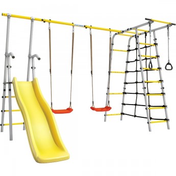 Детский спортивный комплекс для дачи ROMANA БОГАТЫРЬ ПЛЮС - 2 желтый/серый с пластиковыми качелями