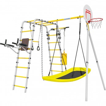 Детский спортивный комплекс для дачи ROMANA FITNESS желтый/серый с качелями-гнездо «Лодка»
