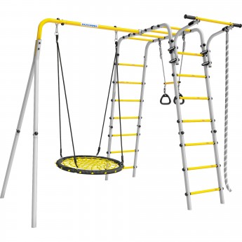 Детский спортивный комплекс для дачи ROMANA ВЕСЕЛАЯ ЛУЖАЙКА - 2 желтый/серый с сеткой-гнездом